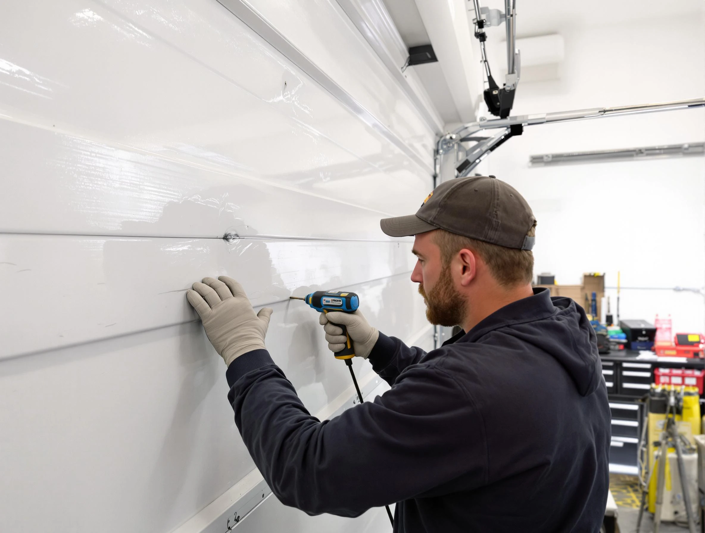 Heber Garage Door Repair technician demonstrating precision dent removal techniques on a Heber garage door
